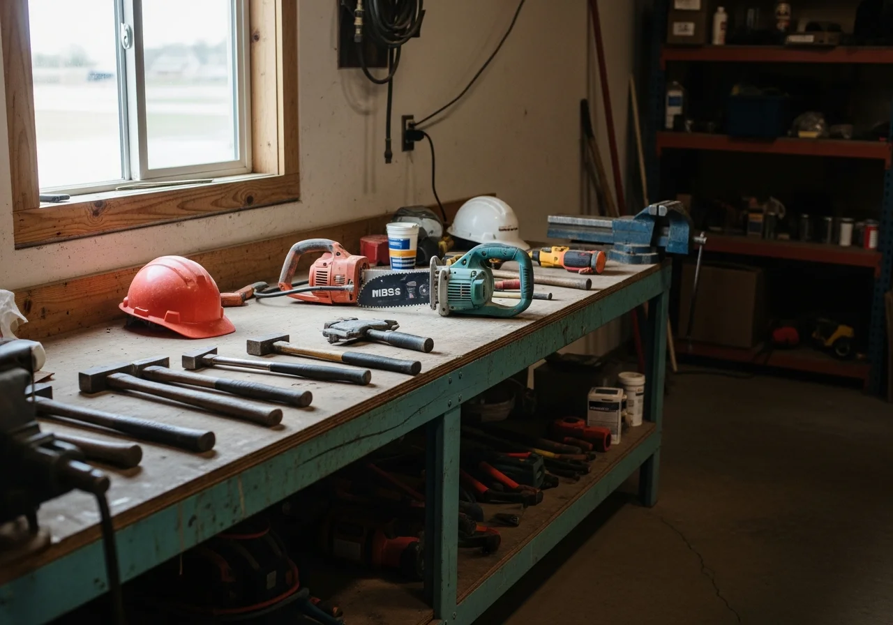 Contractor tools and equipment organized on a workbench, representing the range of handyman and demolition services offered.