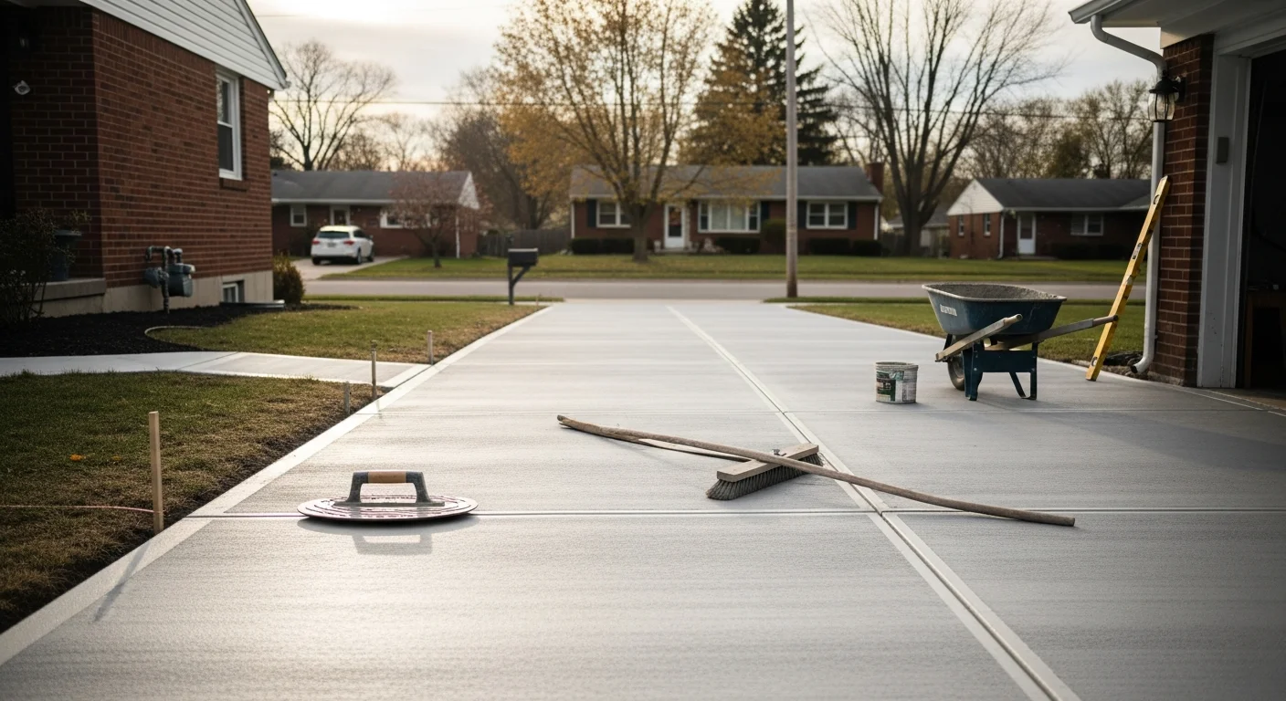 Newly poured concrete driveway at a residential home