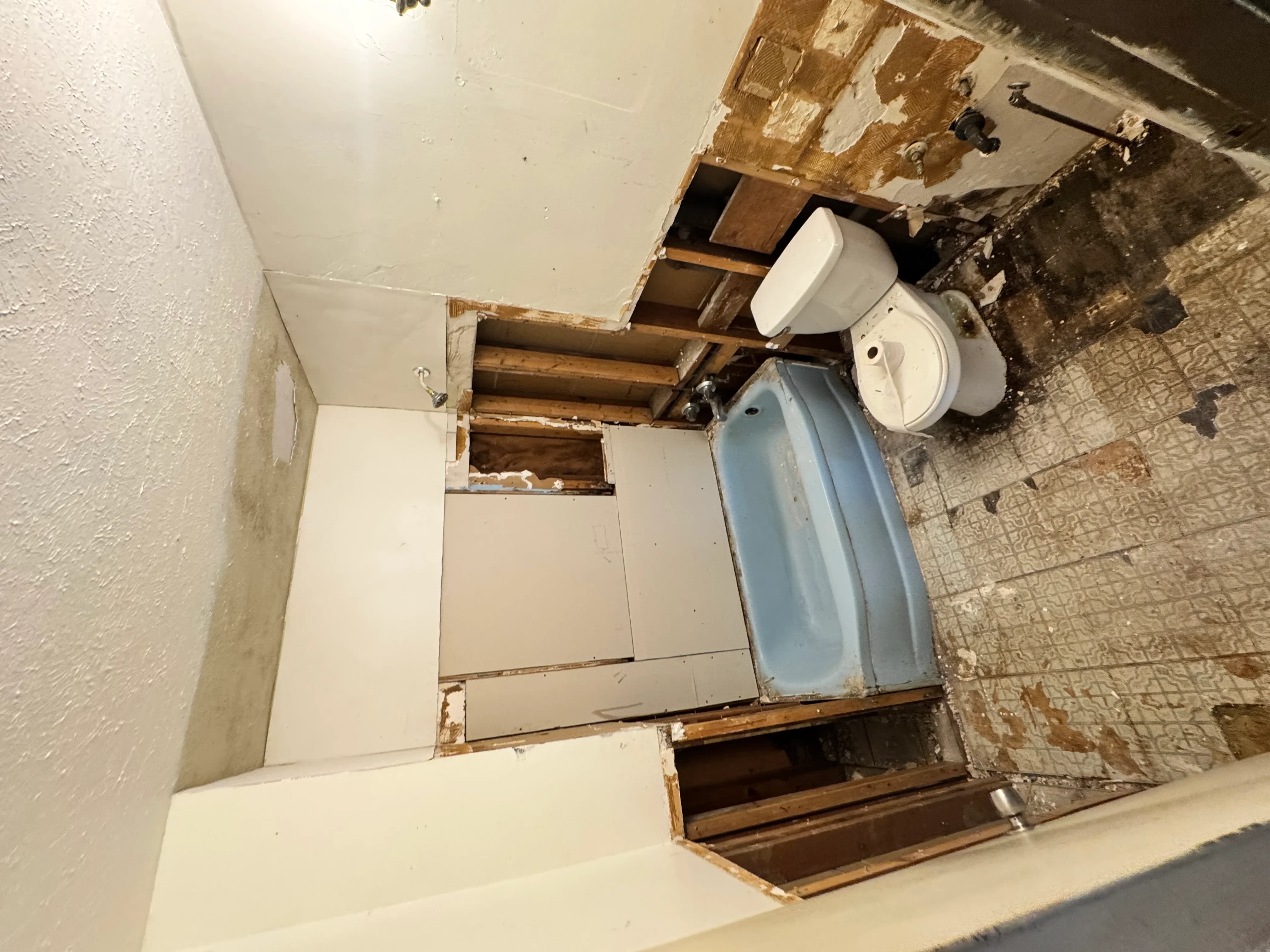 Bathroom demolition showing exposed wooden framing, removed fixtures, and prepared subfloor