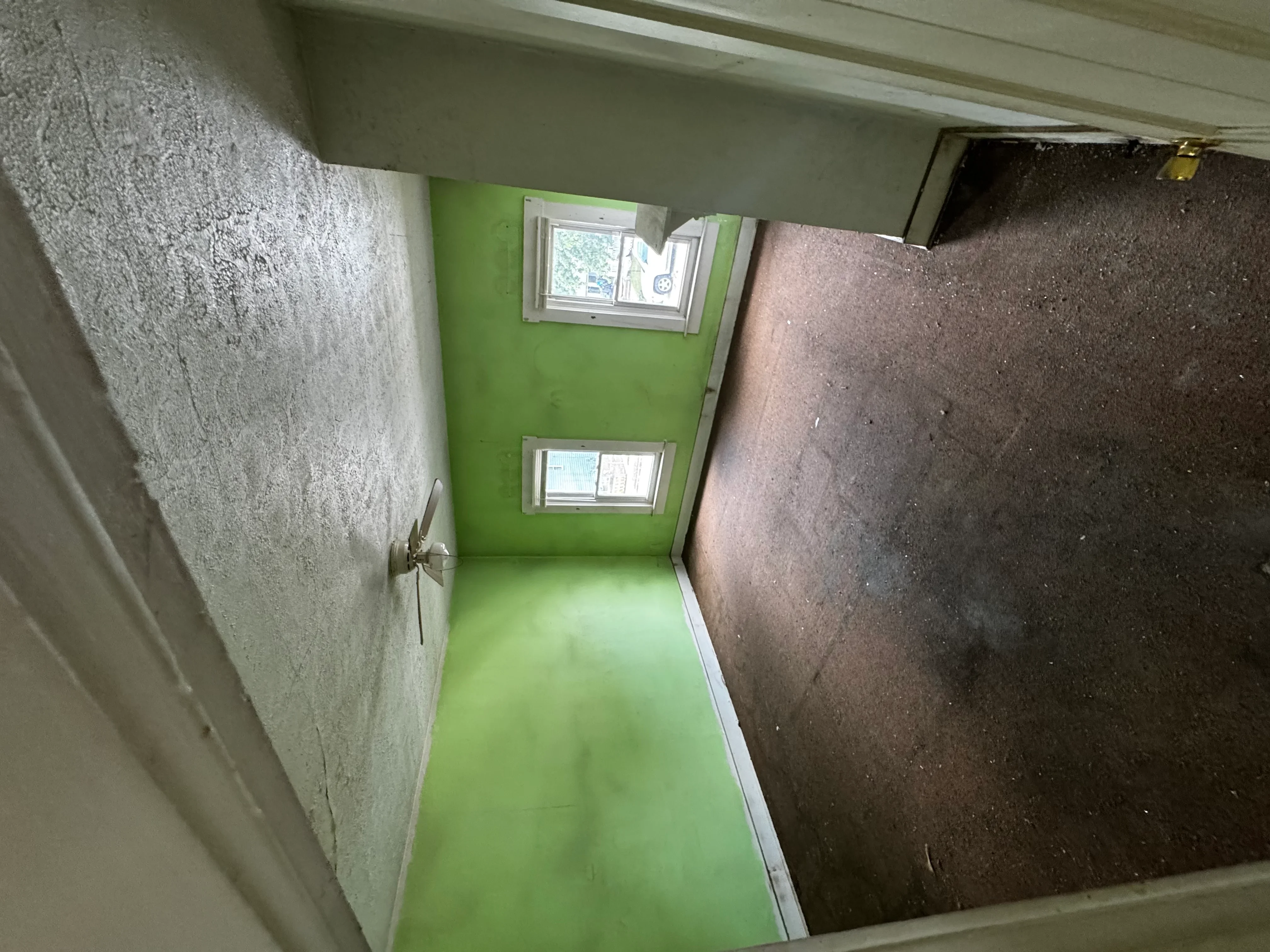 Basement with green and brown epoxy flooring, painted walls, and two installed windows