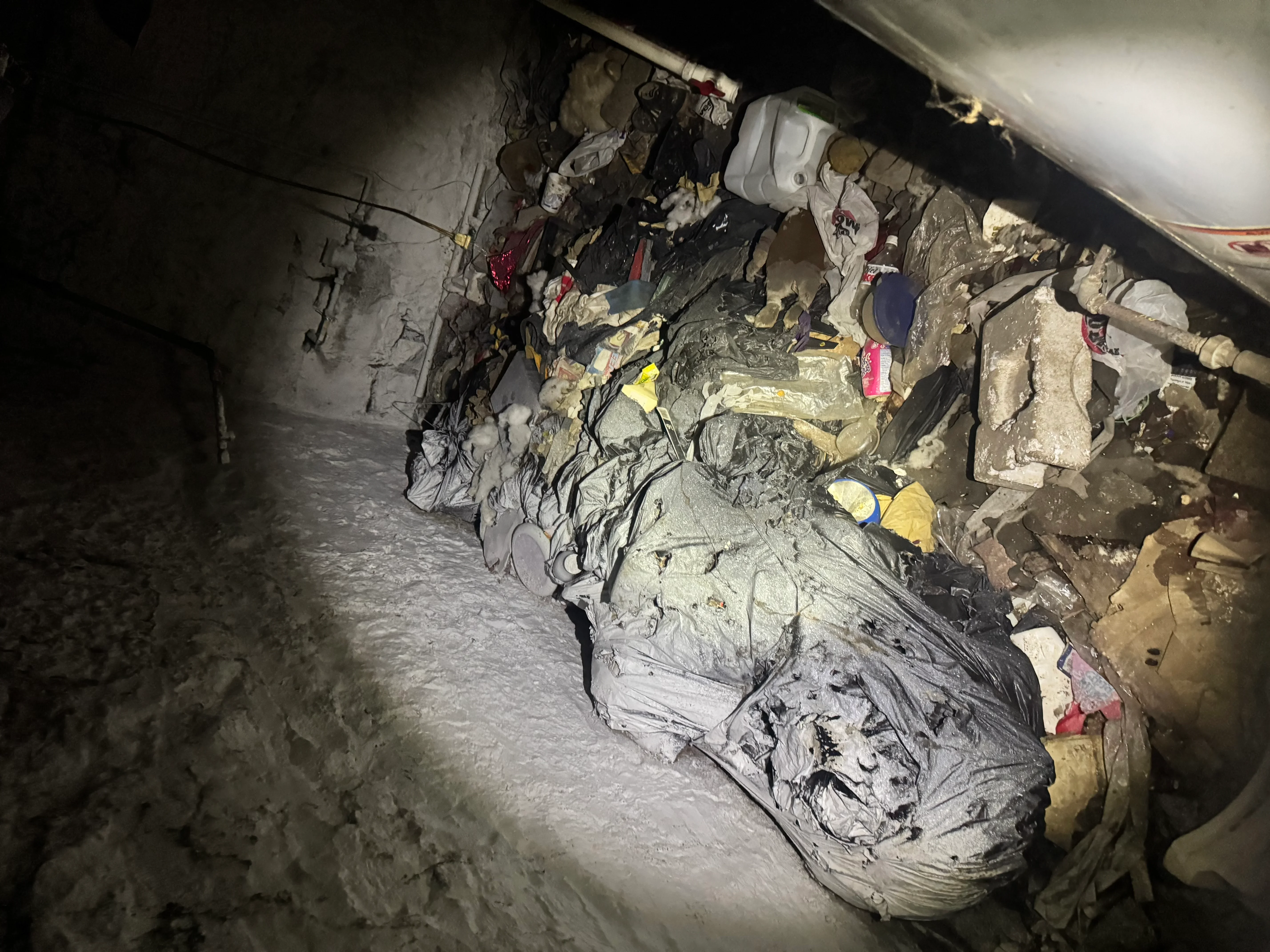 Basement cleanup project with bagged debris and removed items organized for disposal