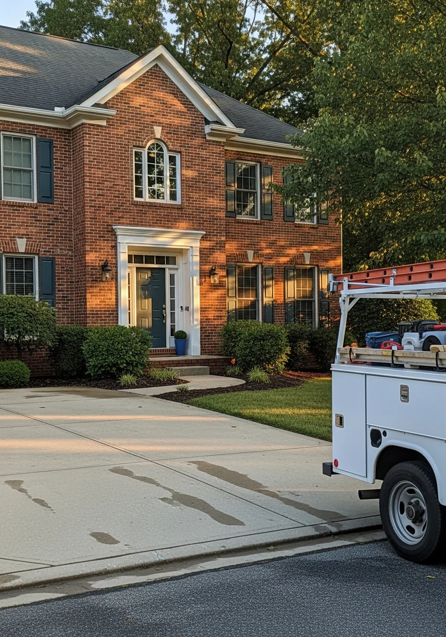 Close-up of a Centerville residential property entrance with professional service truck parked nearby.
