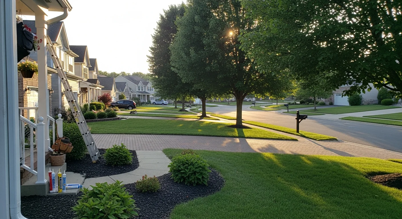 Suburban Centerville street with well-maintained homes and tree-lined driveways in afternoon light.
