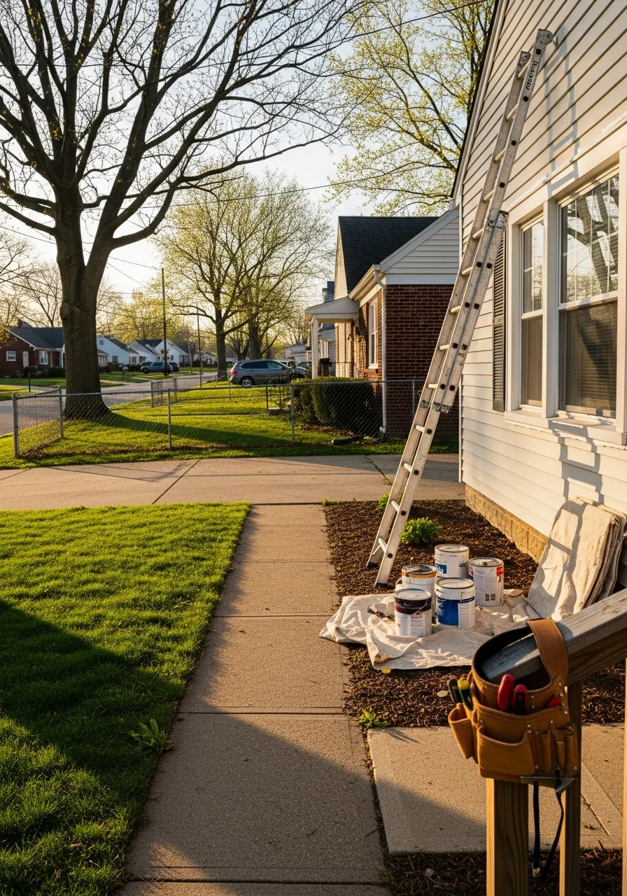 Dayton neighborhood street showing varied property styles and active service work in progress.