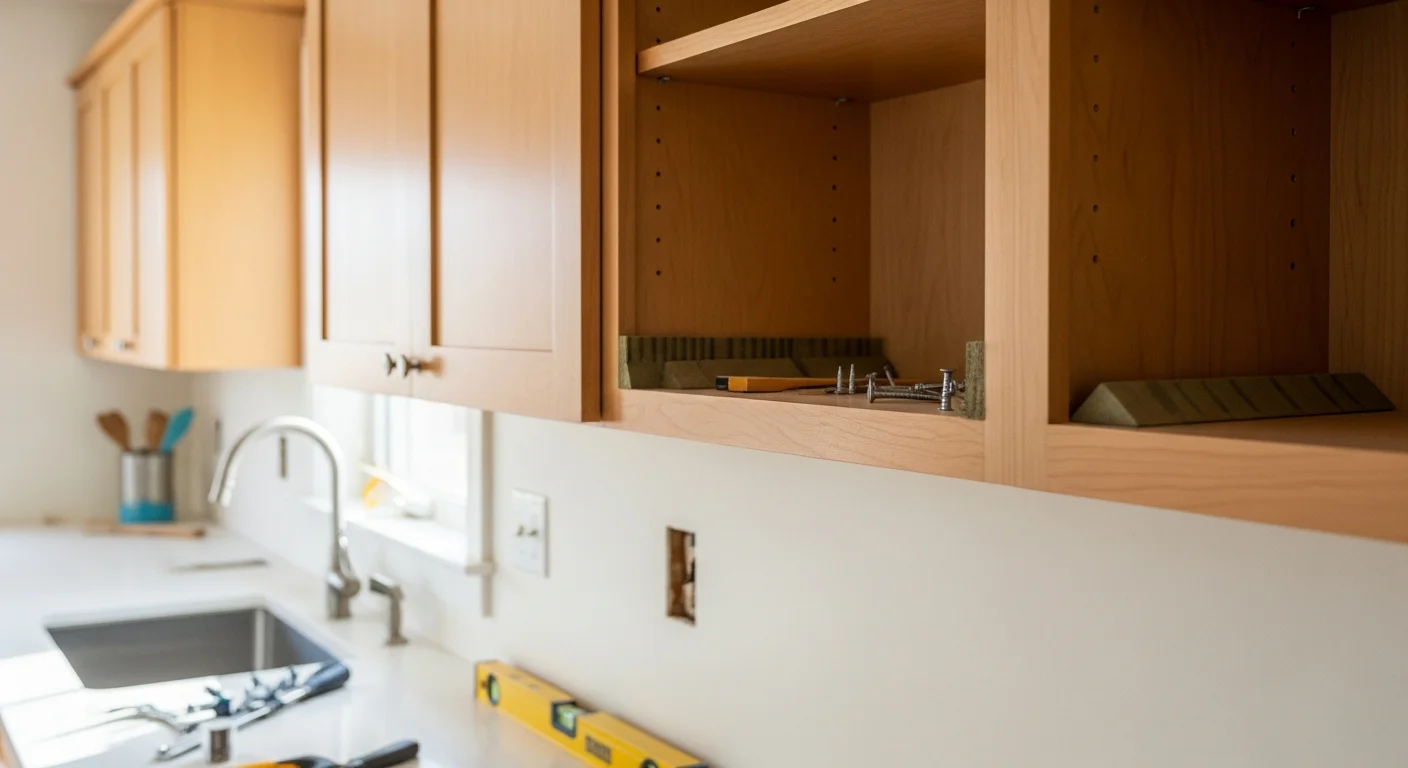 Newly installed white shaker kitchen cabinets with brushed nickel hardware in a Centerville, Ohio single-family home. Base and wall cabinets are fully fitted and aligned along a freshly painted kitchen wall.
