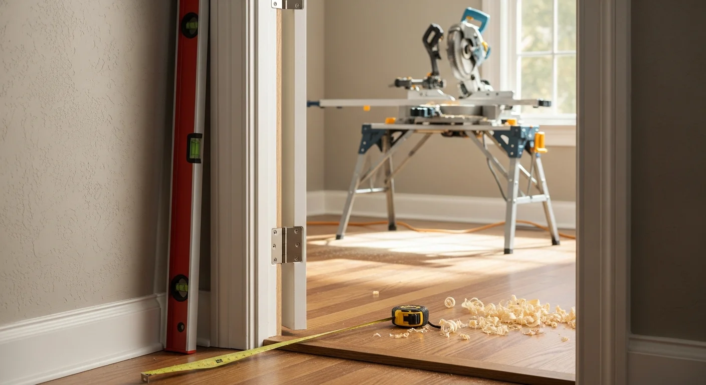 A freshly installed interior door with clean white casing trim in a Centerville home, showing tight joints at the corners and a level reveal along the door frame. The baseboard trim along the adjacent wall is fitted flush to the floor with no visible gaps.