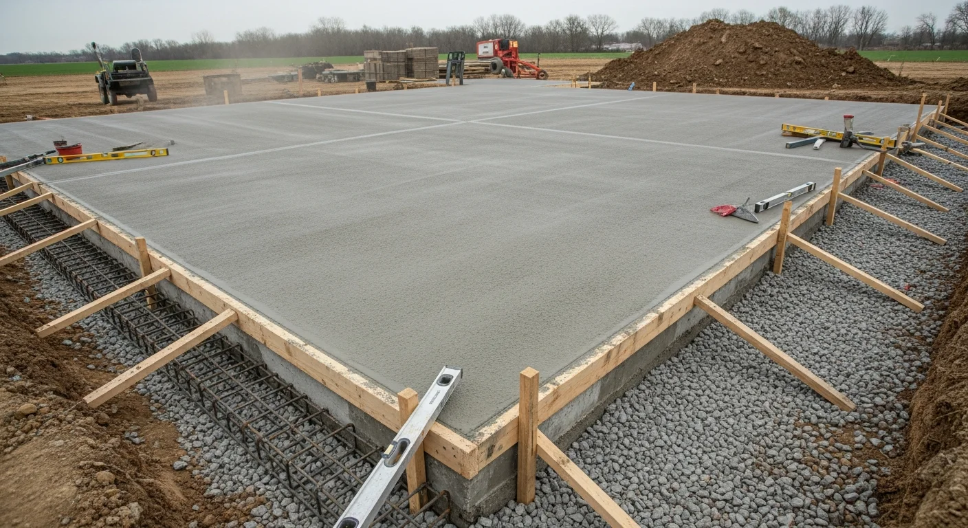 A freshly poured and trowel-finished concrete garage slab inside a detached garage in Centerville, Ohio. The smooth gray surface shows clean control joints and a level floor ready for vehicle use.