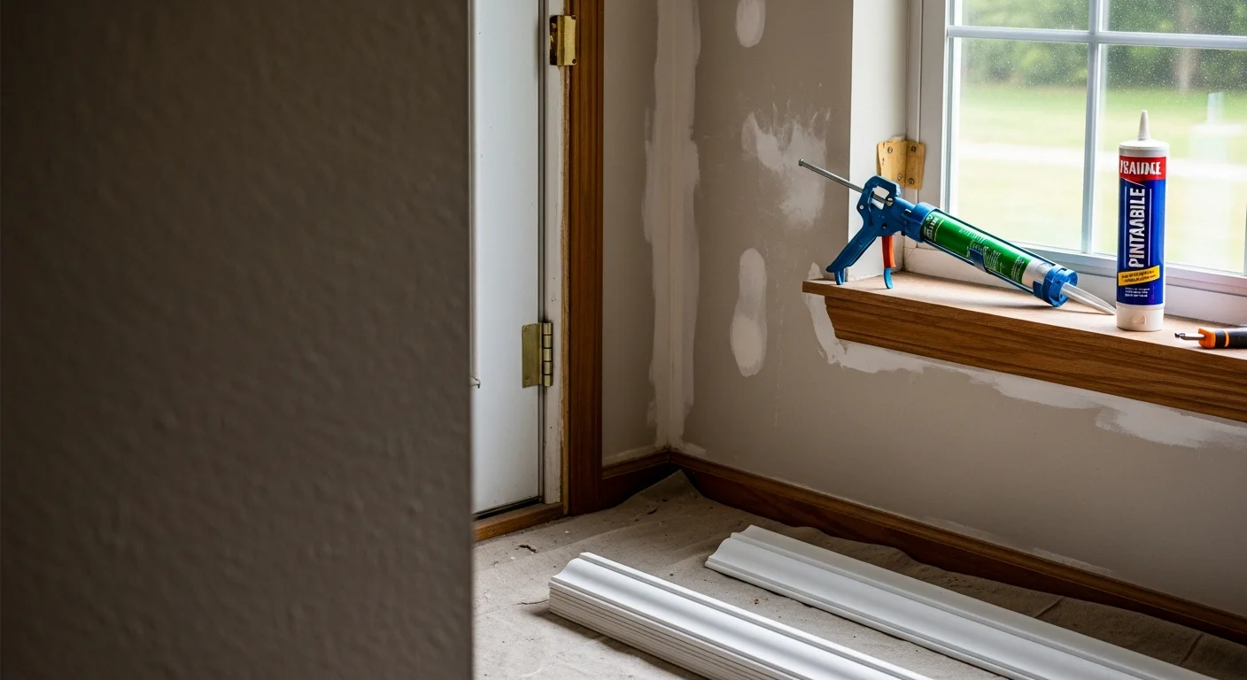 A repaired interior wall in a Centerville, Ohio home showing a smooth drywall patch and freshly re-caulked window trim. A handyman from MBS Homes LLC is adjusting a door frame in the background of a residential hallway.
