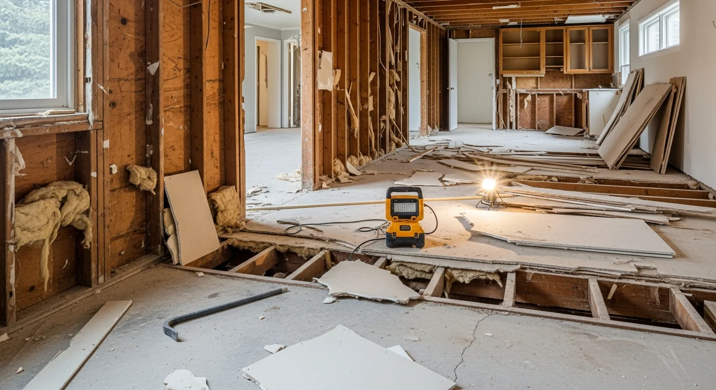 Interior of a Centerville, Ohio ranch-style home mid-demolition, with drywall removed down to the studs and flooring stripped in preparation for a full kitchen remodel. Debris is staged near the entry for removal by the MBS Homes LLC crew.