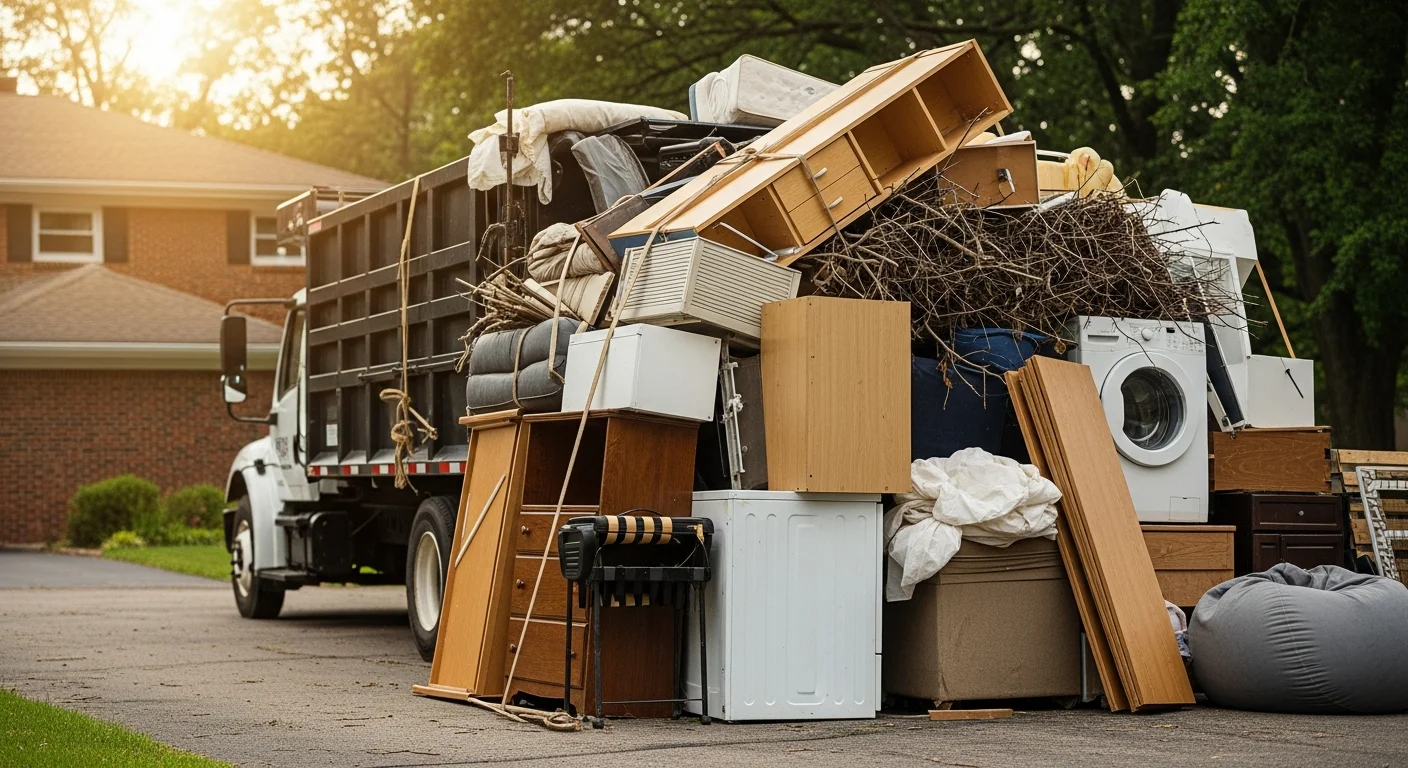A cleared residential garage in Centerville, OH after junk removal, with empty floor space where stacked furniture and bulk debris previously sat. An MBS Homes LLC crew loads the last items into a haul-away truck parked in the driveway.