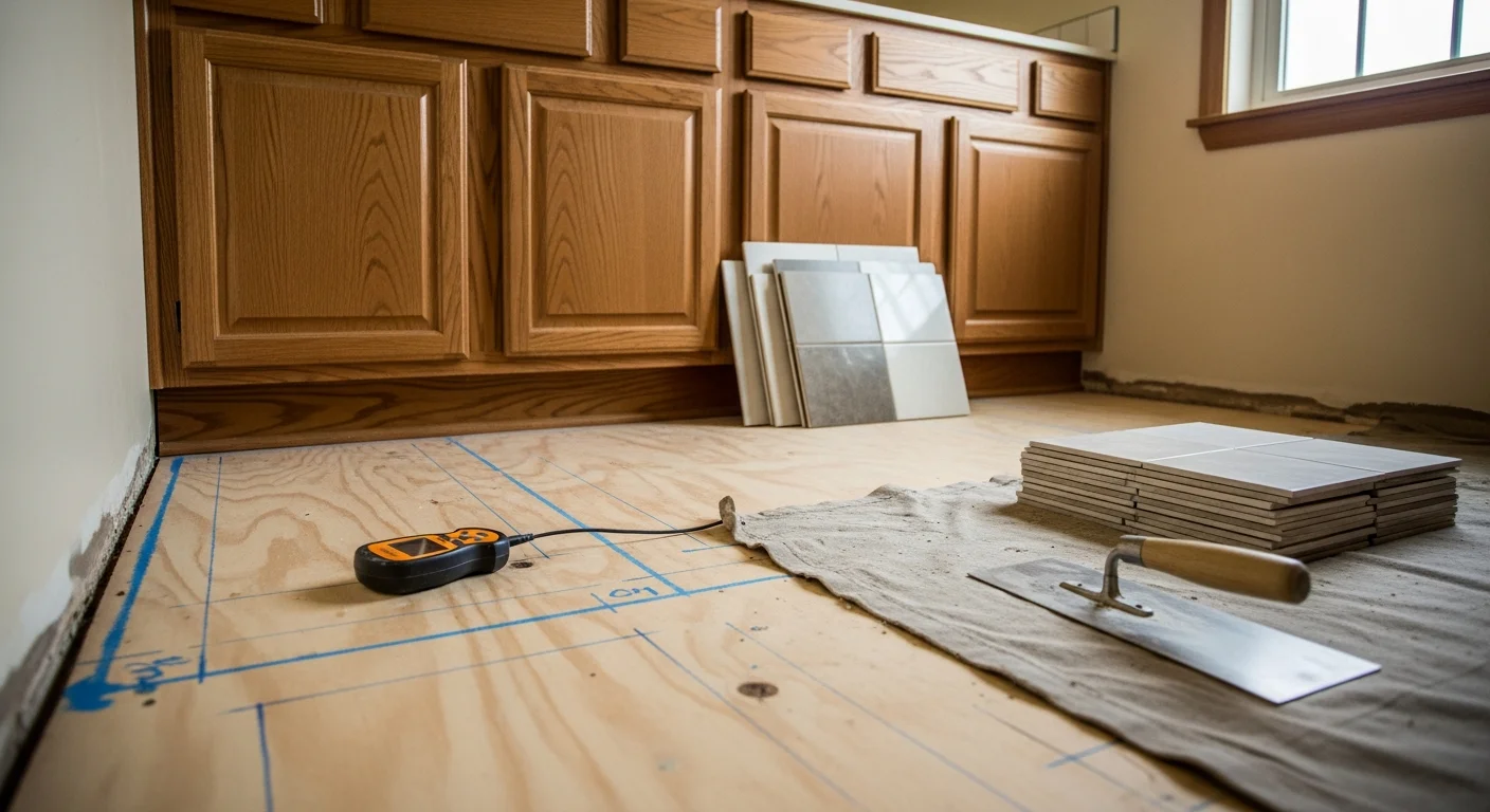 Freshly installed kitchen flooring in a Centerville home, showing clean tile work meeting a bathroom threshold with consistent grout lines and a flat, level surface throughout both rooms.