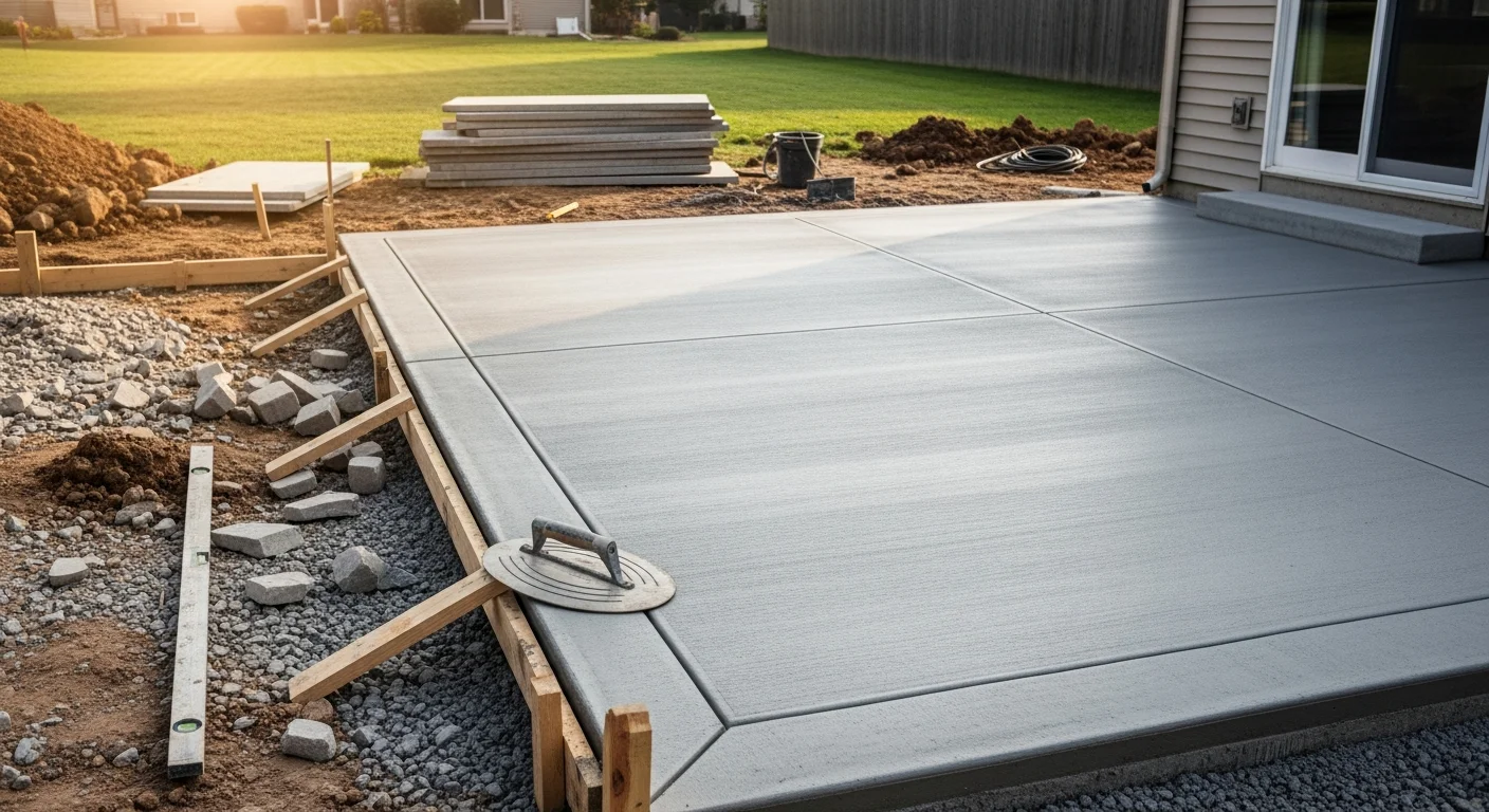 A freshly poured and finished concrete patio installed behind a single-family home in Centerville, Ohio. The flat slab extends from the back of the house into a spacious backyard with neatly edged borders.